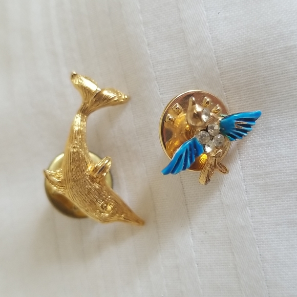 Gold Bluebird Dolphin Rhinestone Lapel Pins Brooch - Picture 1 of 6